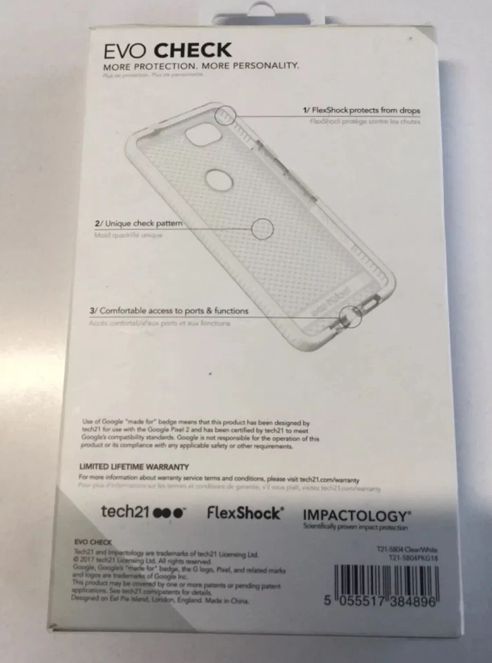 Tech 21 Evo Check Case Cover for Google Pixel 2 Clear White T21-5812 - Image 2 of 2
