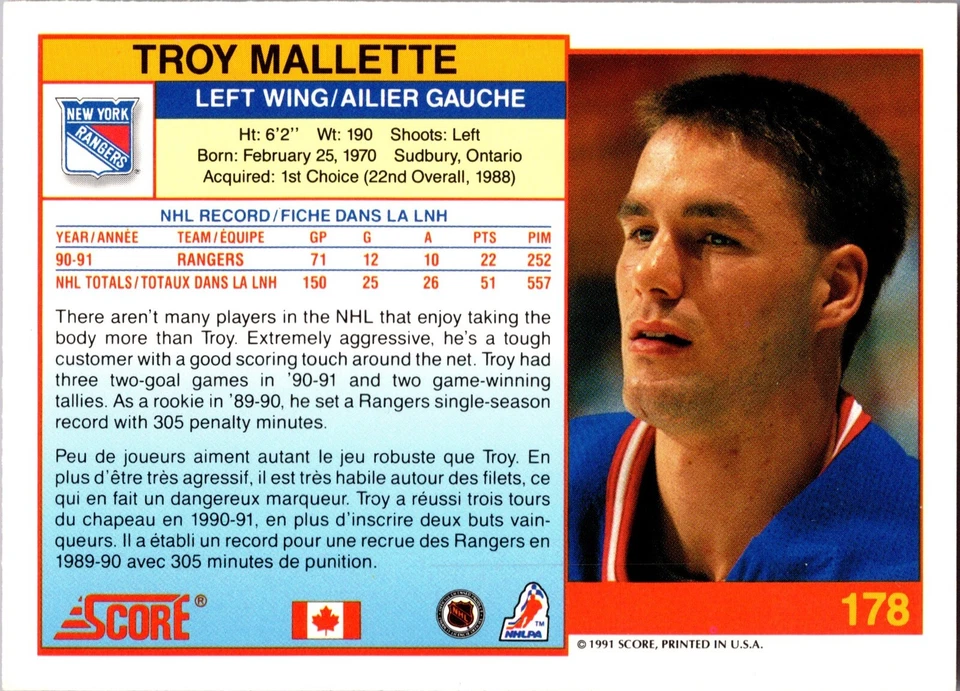 1991-92 Score Canadian - Troy Mallette #178 - Image 2 of 2