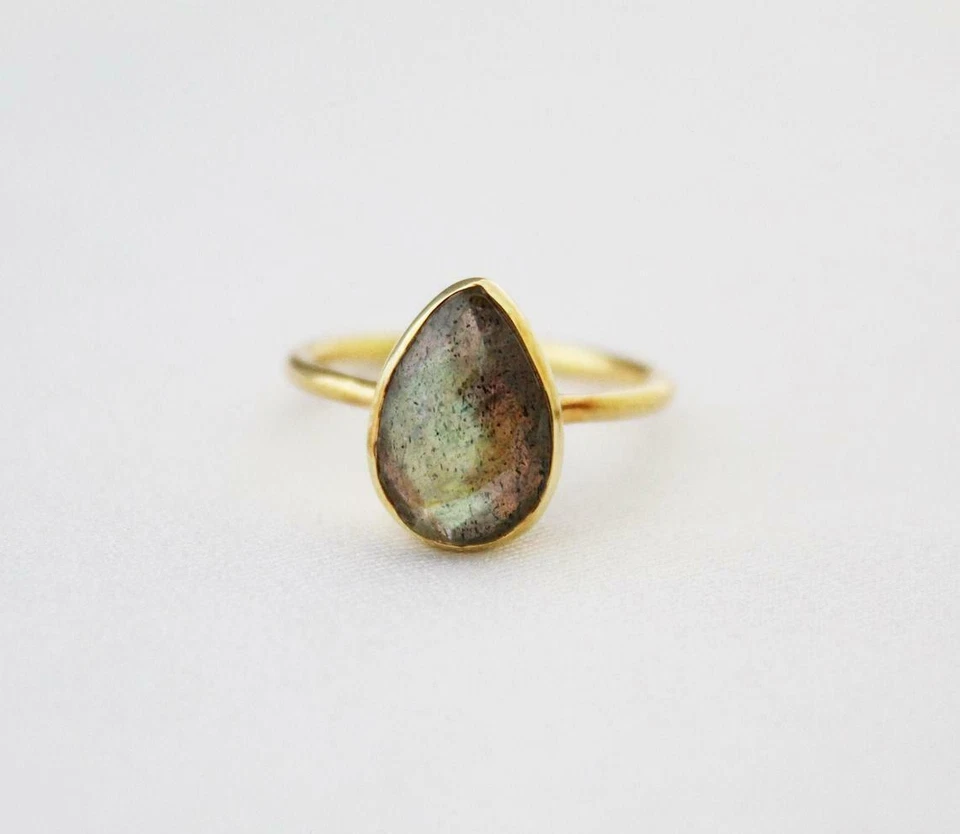 Labradorite Placcato Oro Anello, Blu Flash Gemma 925 Argento Sterling, Saldi - Immagine 2 di 4