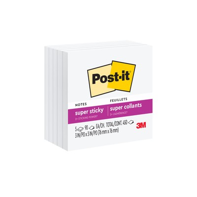 Post-it  Super Sticky Notes 654-5SSW, 3 in x 3 in (76 mm x 76 mm), White