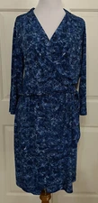 NWT Halston size M blue 3/4 sleeve faux wrap flounce & flare dress $129