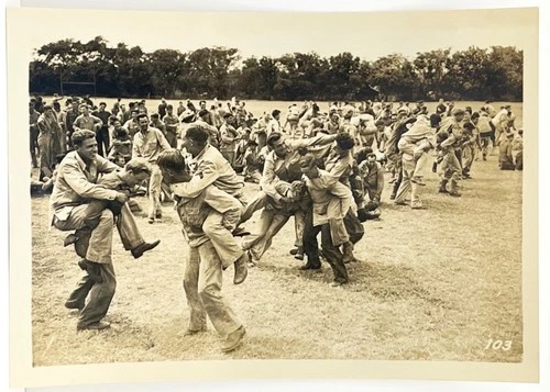 1940s WWII U.S. Soldiers Field Games Chicken Fights Wrestling Vtg Snapshot Photo