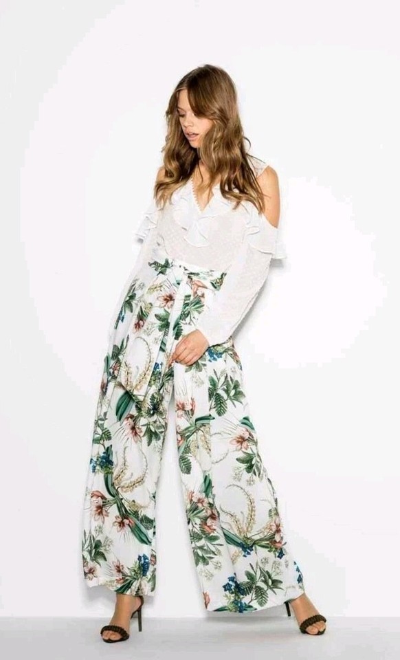 Sheike White Botanical Print High Waist Wide Leg Palazzo Pants Lined Pockets 8