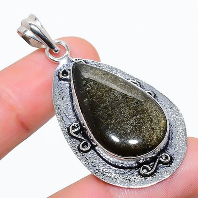 Golden Sheen Obsidian Gemstone 925 Sterilng Silver Jewelry Pendant Sz 2 For Gift
