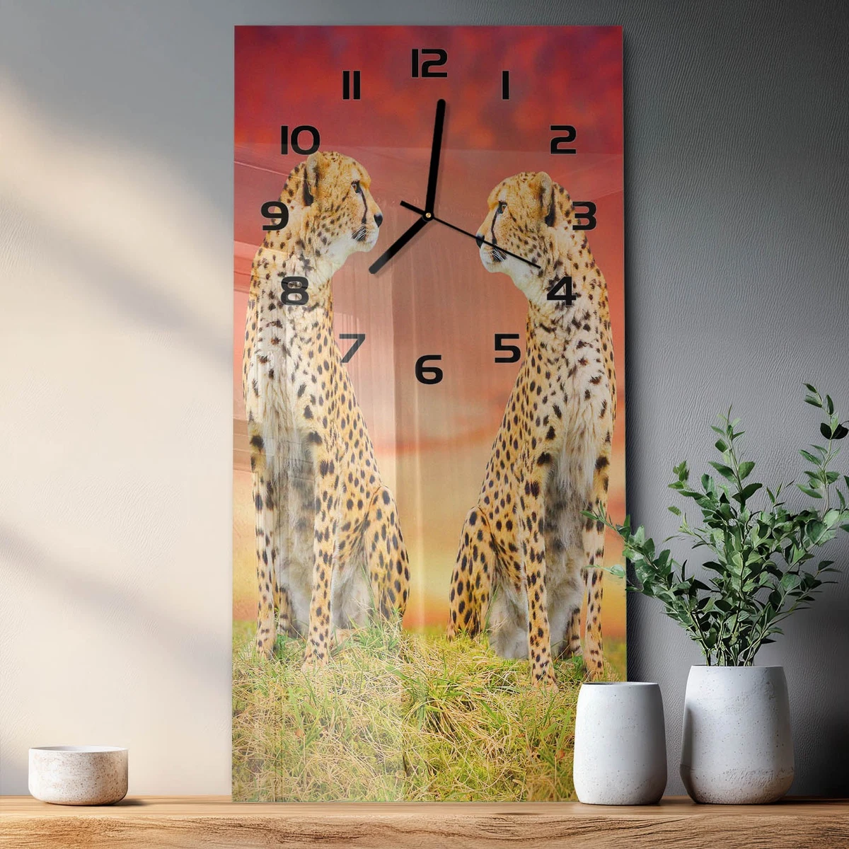 Reloj de Pared Rectangular Vertical Decorativo de Vidrio Dos Guepardos 30x60 cm