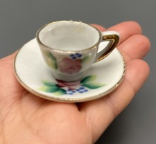 Vintage Miniature Mini Tea Cup Saucer Set Porcelain Rose Design Gold Trim Japan
