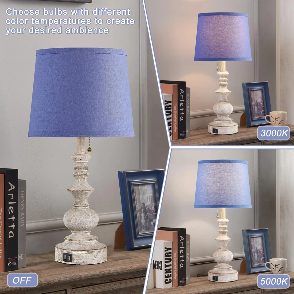 22'' Farmhouse Bedroom Table Lamps Set of 2 Bedside Nightstand Lamps with USB... - Image 3 of 4