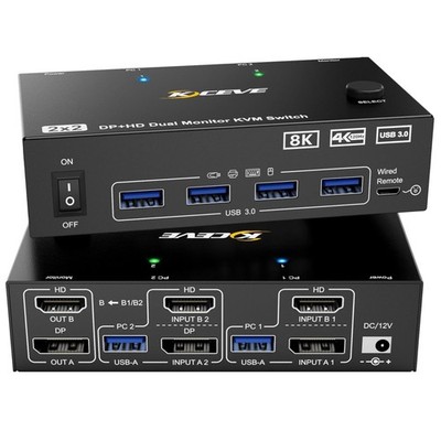 KVM Switch 2 Monitore 2 PC 8K HDMI DisplayPort USB 3.0 Umschalter
