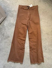 Massimo Dutti Brown Wide Leg Jeans EU 36 UK 8 High Rise Raw Hem Cotton Stretch