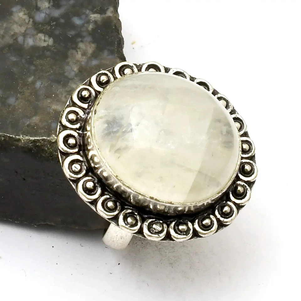 Regenbogen Mondstein Edelstein Ethno Ring Schmuck für Weihnachten US-Größe - 7 AR 33409