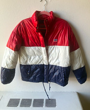 Levi's Mens Colorblock Hooded Puffer Jacket Red/White/Blue Nylon Zip Sz S