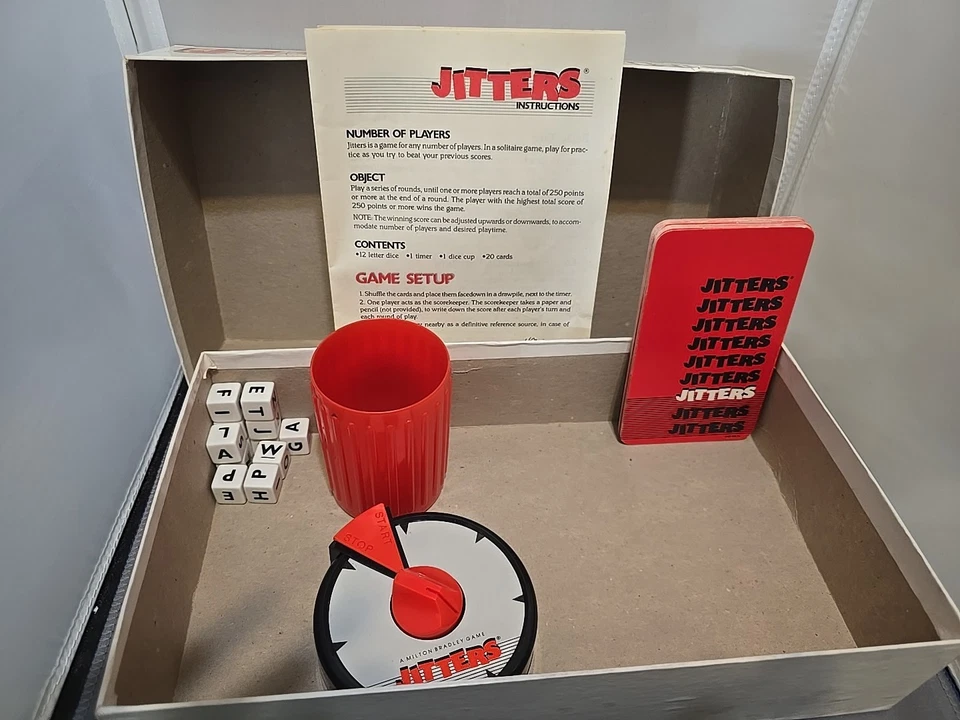 Vintage Jitters Word Game 1986 Milton Bradley Timer Cards Dice Cup Complete - Image 2 of 2