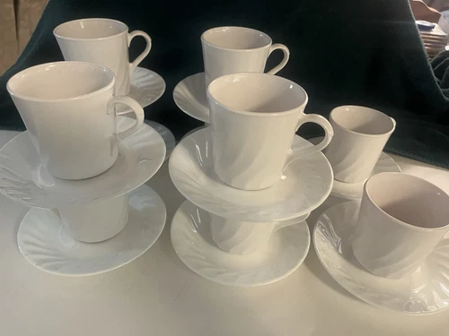 Set of 10 Corning Corelle ENHANCEMENTS White Swirl Coffee Tea Mugs Cups & Saucer