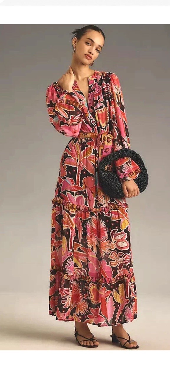 Farm Rio Tiered Maxi Dress Anthropologie Pink Parrots Birds  Stars Size S NEW