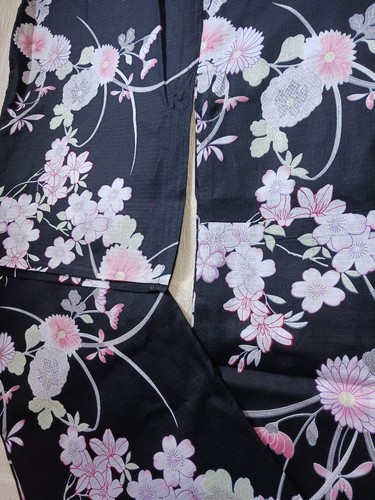 Pink Floral Yukata Traditional Kimono Black Cotton Women Used - Picture 6 of 8