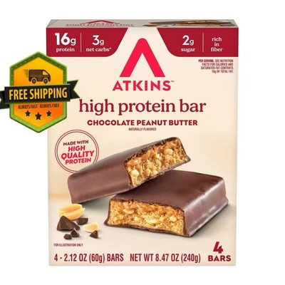 Atkins Chocolate Peanut Butter High Protein Bars, 16g Protein, 4 Count