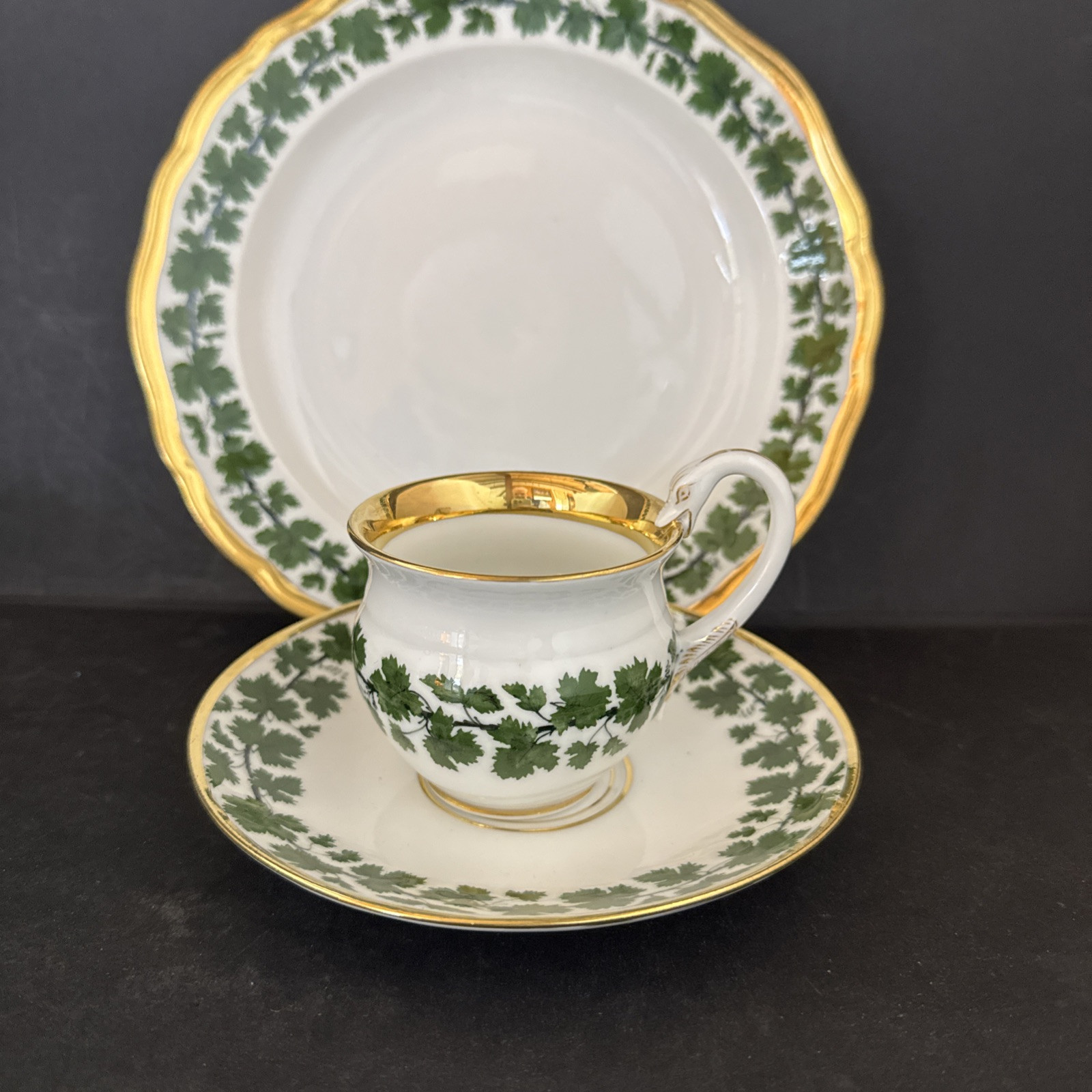 Meissen Crossed Swords GREEN VINE Cup, Saucer, Plate 1st Quality