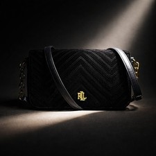 Luaren Ralph Lauren Quilted Velvet Crossbody Purse Bag Black & Gold Luxury RLL