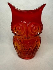 Vintage MCM Rainbow Glass Art Owl Vase Hand Blown Red Viking Persimmon Amberina