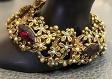 Victorian Revival Art Nouveau Style Rhinestone Faux Pearl Chain Floral Bracelet