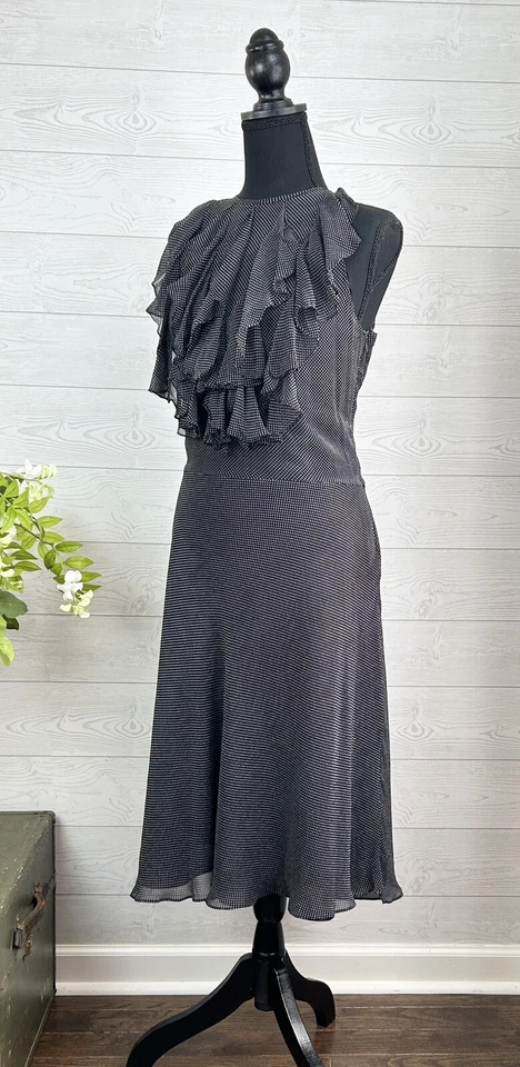Talla 16 VESTIDO HALTER RALPH LAUREN 100 % Seda Negro Ajuste Acampanado Lunares Volantes $200 Foto 2 de 4