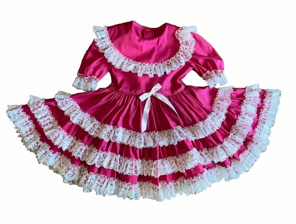 Vintage Pageant Size 4T Kathleen Scott Hot Pink Dress Lace Ruffles Full Circle - Image 3 of 4