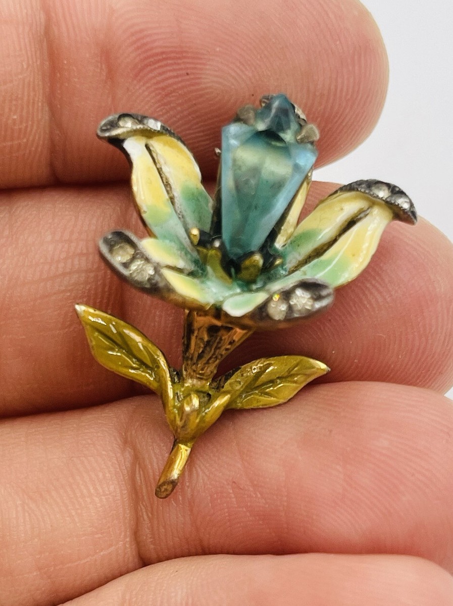 R DeRosa Vintage Sterling Silver Blue Glass Enamel Flower Enamel