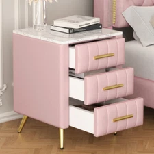 Upholstered Wood Nightstand w 3 Drawers, Marbling Stickers, Bedside Table, Pink