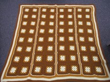 VINTAGE BROWN MUSTARD IVORY HAND CROCHETED WOOL THROW LAP BLANKET 50" x 46"