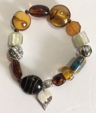 Brown Multi Pattern Glass Bead Stretch Bracelet Metal Leaf  MOP Elephant Charms