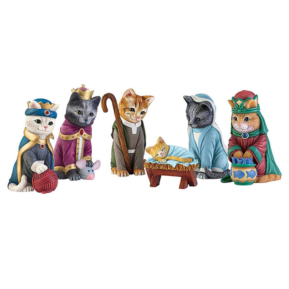6X Cute Cat Nativity Set Scene Christmas Figures Nativity Figures Baby