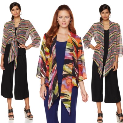 Slinky Brand Printed Drape-Front Chiffon Jacket 498710-J (S, Paintbrush Multi)