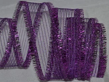 Wired Ribbon~Purple Metallic Mesh~Holiday Tinsel Fringe Edge~1.5"~Halloween~Bow