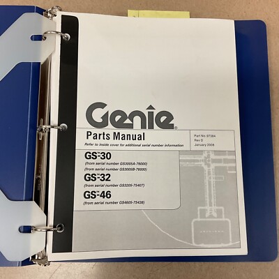 Genie GS-30 GS-32 GS-46 PARTS MANUAL BOOK CATALOG SCISSOR PLATFORM LIFT pn 97384