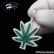 MEN SOLID 925 STERLING SILVER ICY BLING CZ 3D GREEN MARIJUANA LEAF PENDANT*SP446