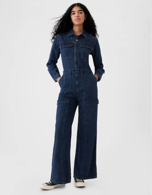 New Gap Jumpsuit Denim Cargo Wide Leg Size 10 Dark Blue Long Sleeve Full Zip NWT