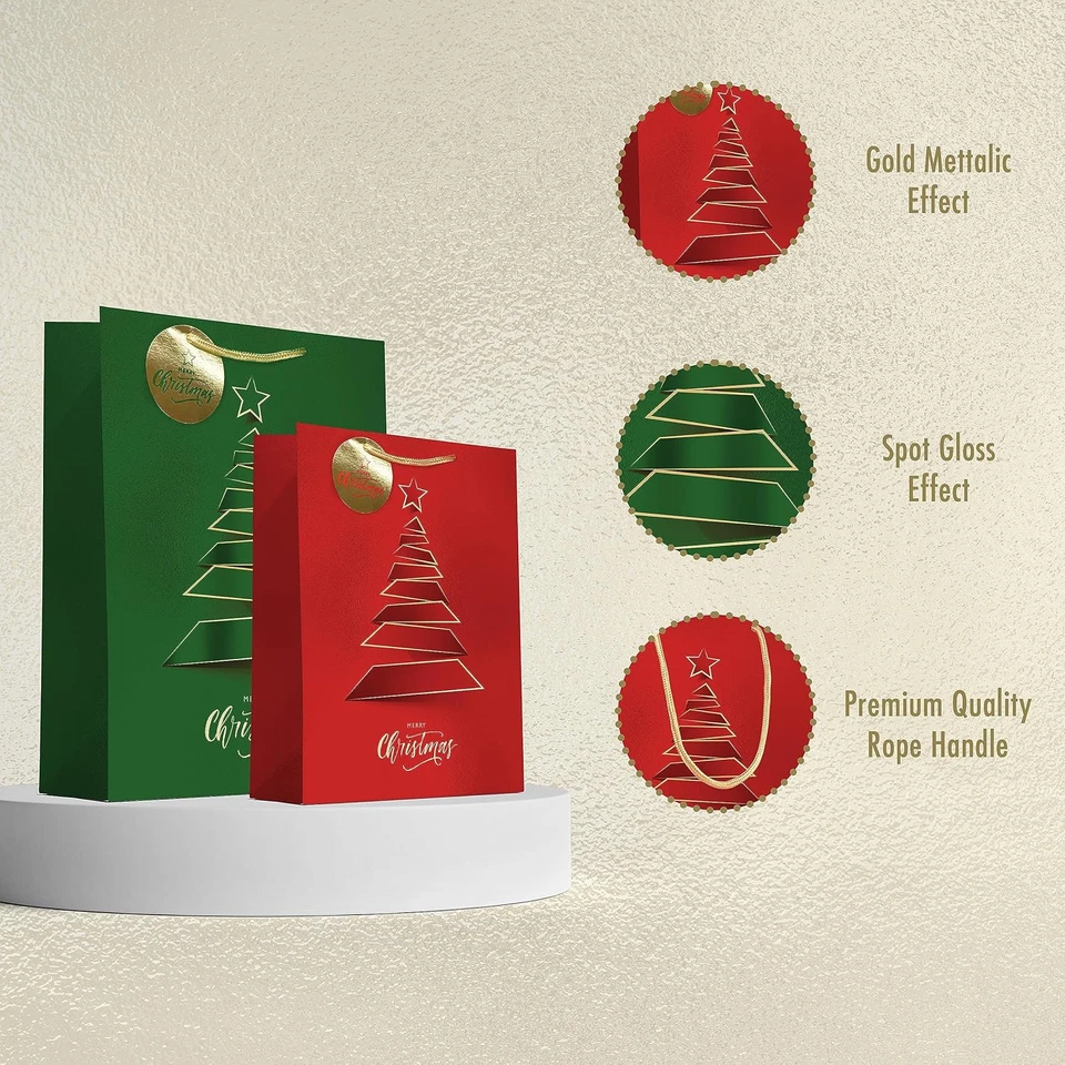 12 Bolsas de Regalo de Navidad, Rojo y Verde Acabado Metálico y Texturado con Dorado y Mancha Foto 3 de 4