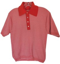 Vintage 60s 70s Striped Knit Polo Shirt Red White Rockabilly Mod Size Small