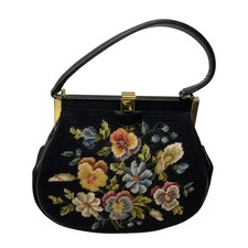 Vintage Petit Point Tapestry Needlepoint Single Strap Purse Bag Black Floral