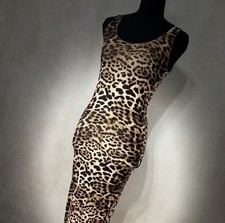 Women's Sleeveless Leopard Print Bodycon Maxi Dress Scoop Neck Brown Black S
