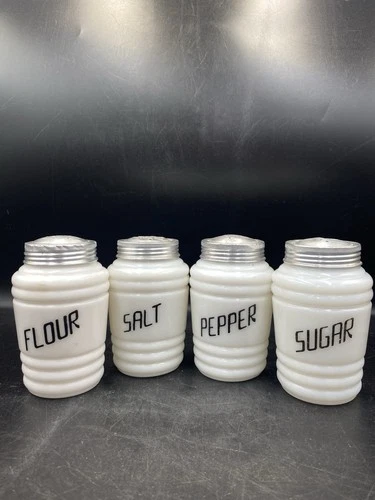 Hazel Atlas Beehive Milk Glass Canister Set Sugar Salt Pepper Flour Vintage