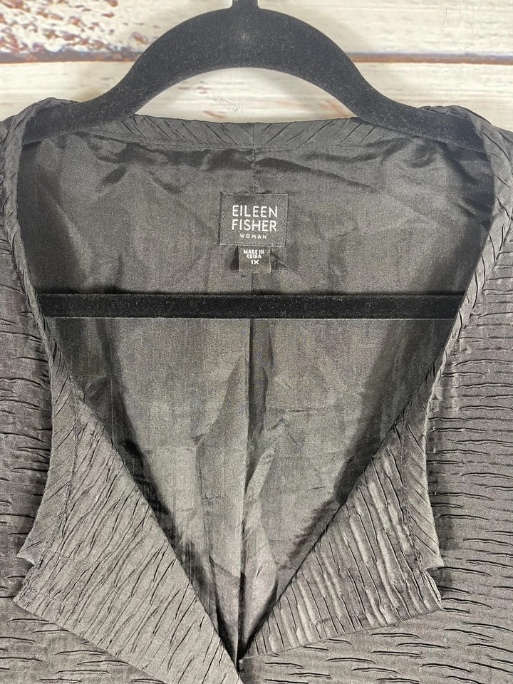 Chaqueta Eileen Fisher Mujer 1X Blazer Negro Seda Arrugado Frente Abierto Texturizado Foto 4 de 4