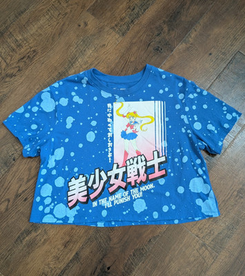 Sailor Moon Crop T-Shirt Blue Bleach Splatter Anime Graphic Womens Size L