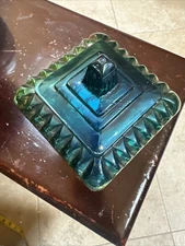 Jeannette Green Blue Flash Glass Wedding Cake Compote Candy Dish Set w/Lid  G2