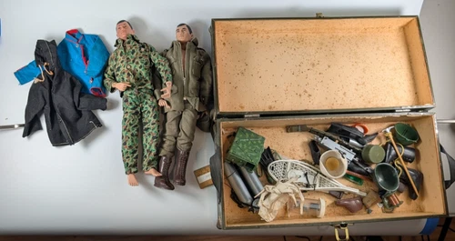 GI Joe 1964 Hasbro collection in trunk 2 dolls clothing weapons helmets etc.