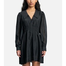 Ganni Mini Dress Womens EU 42 US 10 Black Smocked Waist Sheer Balloon Sleeve
