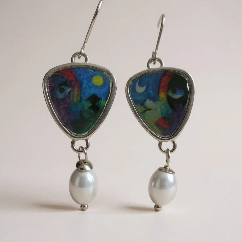 Pendientes artesanales cara ojo luna sol plata perla desajuste arte moderno boho encanto Foto 4 de 4