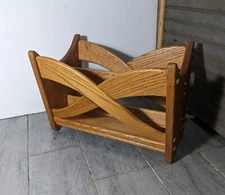 Vintage Mid Century Modern Sculptural Solid Oak Wood Magazine Rack X