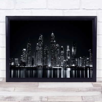 Dubai Marina Uae Night Black & White United Arab Emirates Tower Towers Print