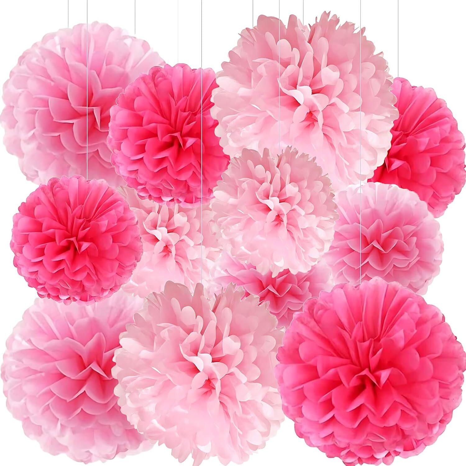 Hot Pink Tissue Paper Pom Poms Flower Ball 12Pcs Variety Pack, Mix